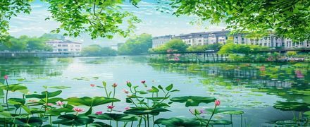夏日校园荷塘，荷花盛开绿叶铺展，蜻蜓点水，图书馆倒影在水面摇曳，翠绿清凉氛围